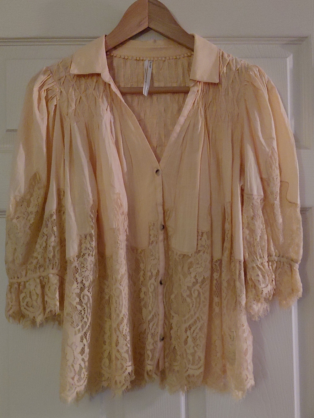 Anthropologie Peach Lace-Trim Button Blouse
